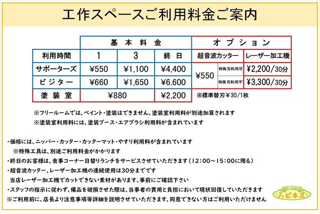 工作スペースご利用料金ご案内。1時間・3時間・終日の基本料金と、超音波カッター・レーザー加工機のオプション料金